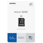 Карта памяти microSDXC SmartBuy 64Gb Advanced U3 V30 cl10 + адаптер